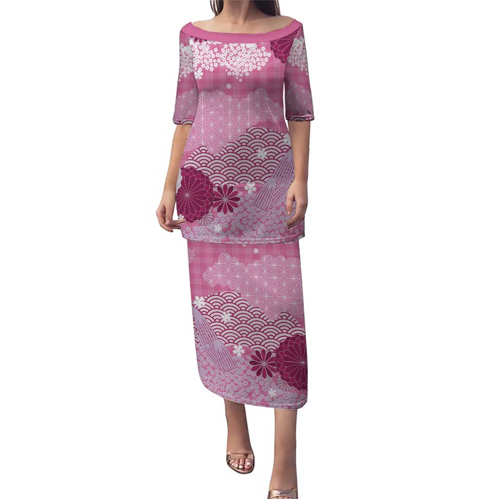 Pink Palaka Japanese Patterns Puletasi Asanoha Seigaiha Sakura Motif - Polynesian Pride