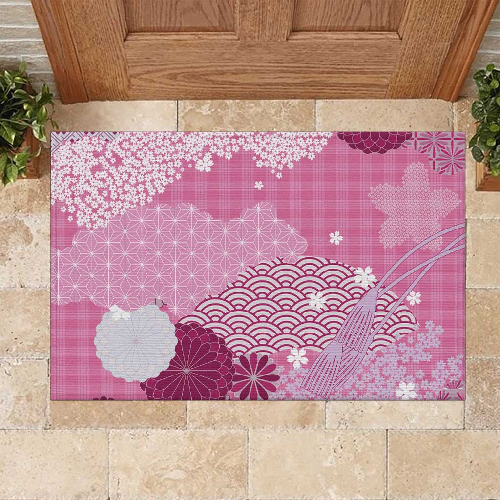 Pink Palaka Japanese Patterns Rubber Doormat Asanoha Seigaiha Sakura Motif LT14 Pink - Polynesian Pride