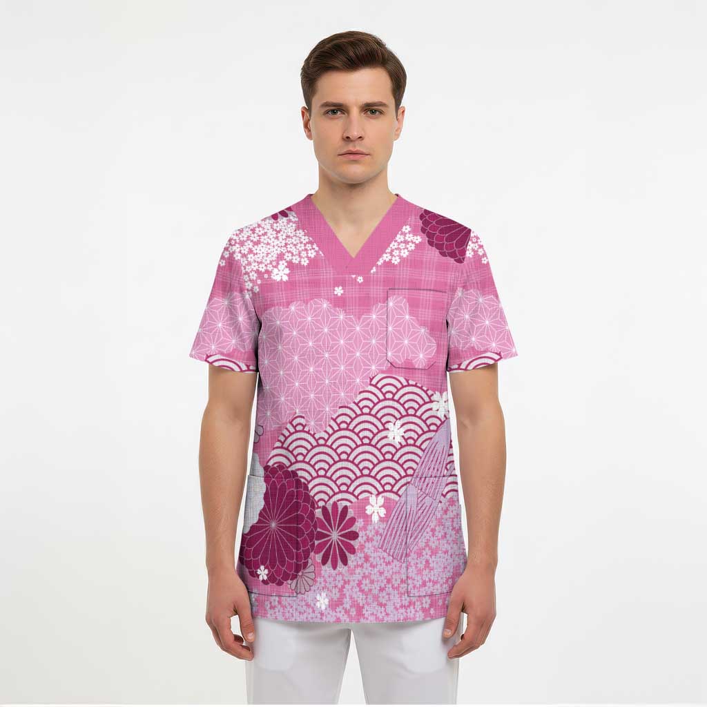 Pink Palaka Japanese Patterns Scrub Top Asanoha Seigaiha Sakura Motif LT14 - Polynesian Pride
