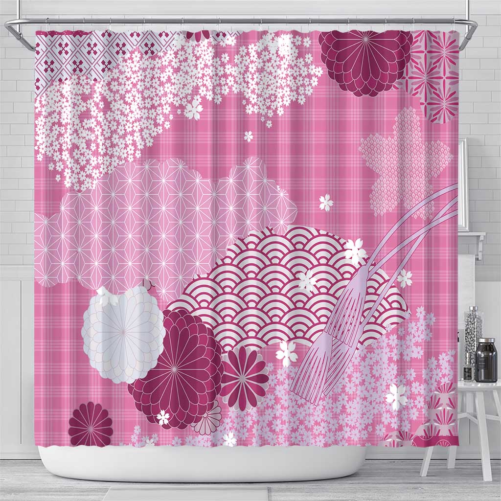 Pink Palaka Japanese Patterns Shower Curtain Asanoha Seigaiha Sakura Motif LT14 - Polynesian Pride