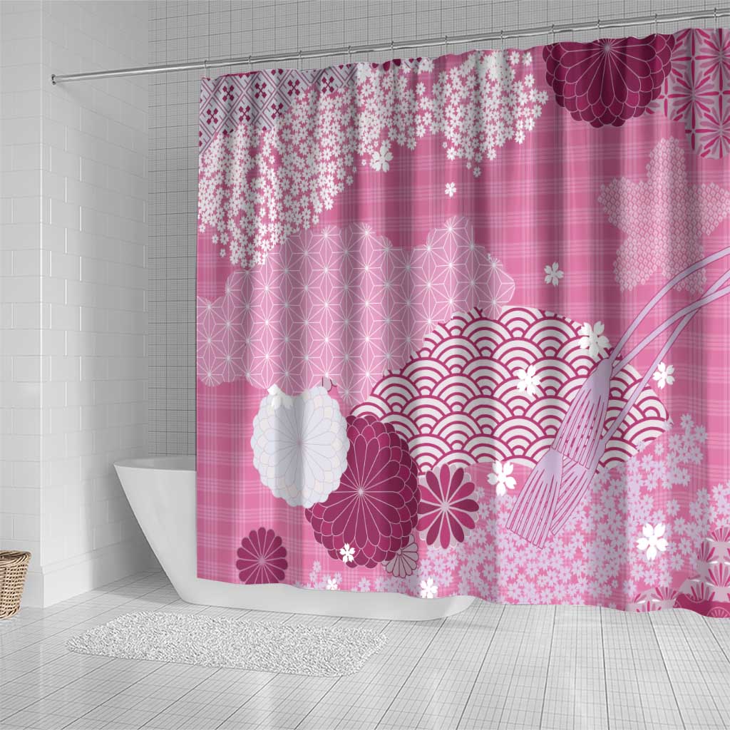 Pink Palaka Japanese Patterns Shower Curtain Asanoha Seigaiha Sakura Motif LT14 - Polynesian Pride