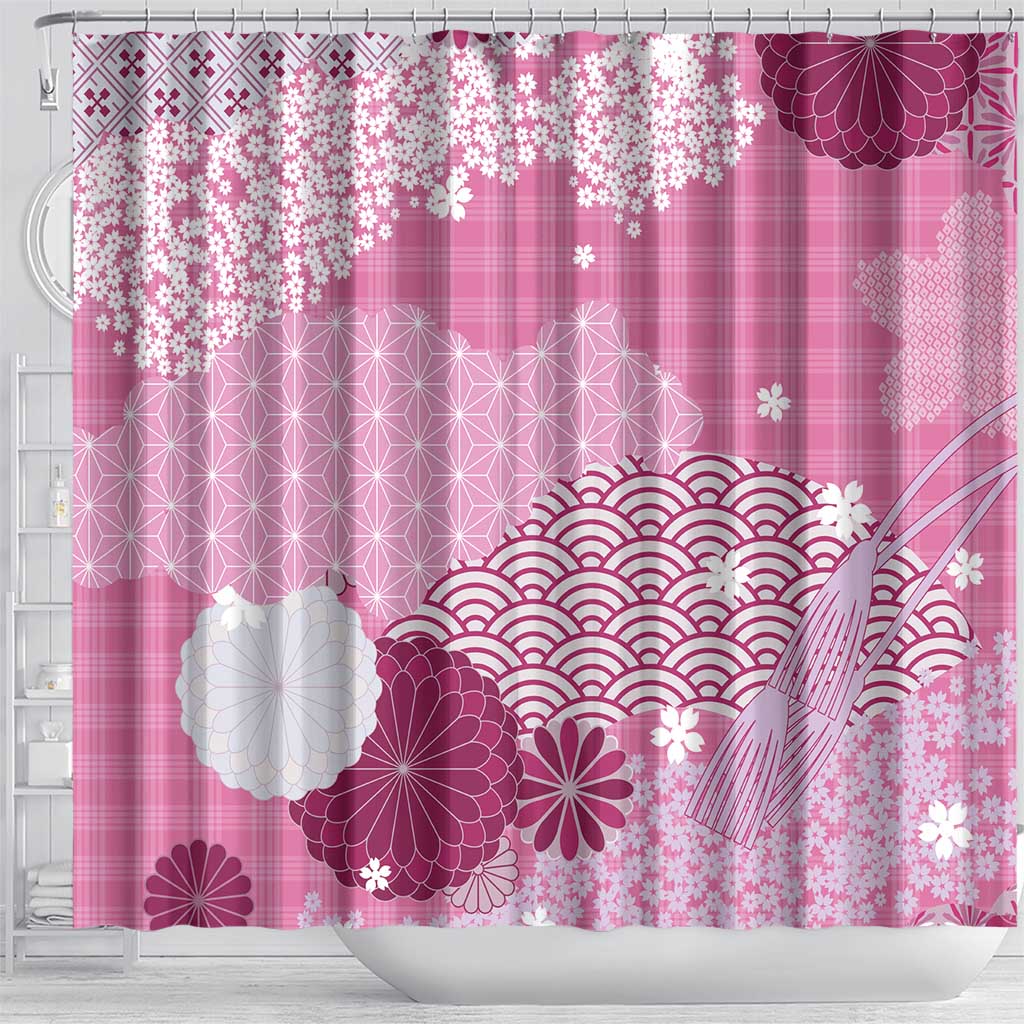 Pink Palaka Japanese Patterns Shower Curtain Asanoha Seigaiha Sakura Motif LT14 - Polynesian Pride