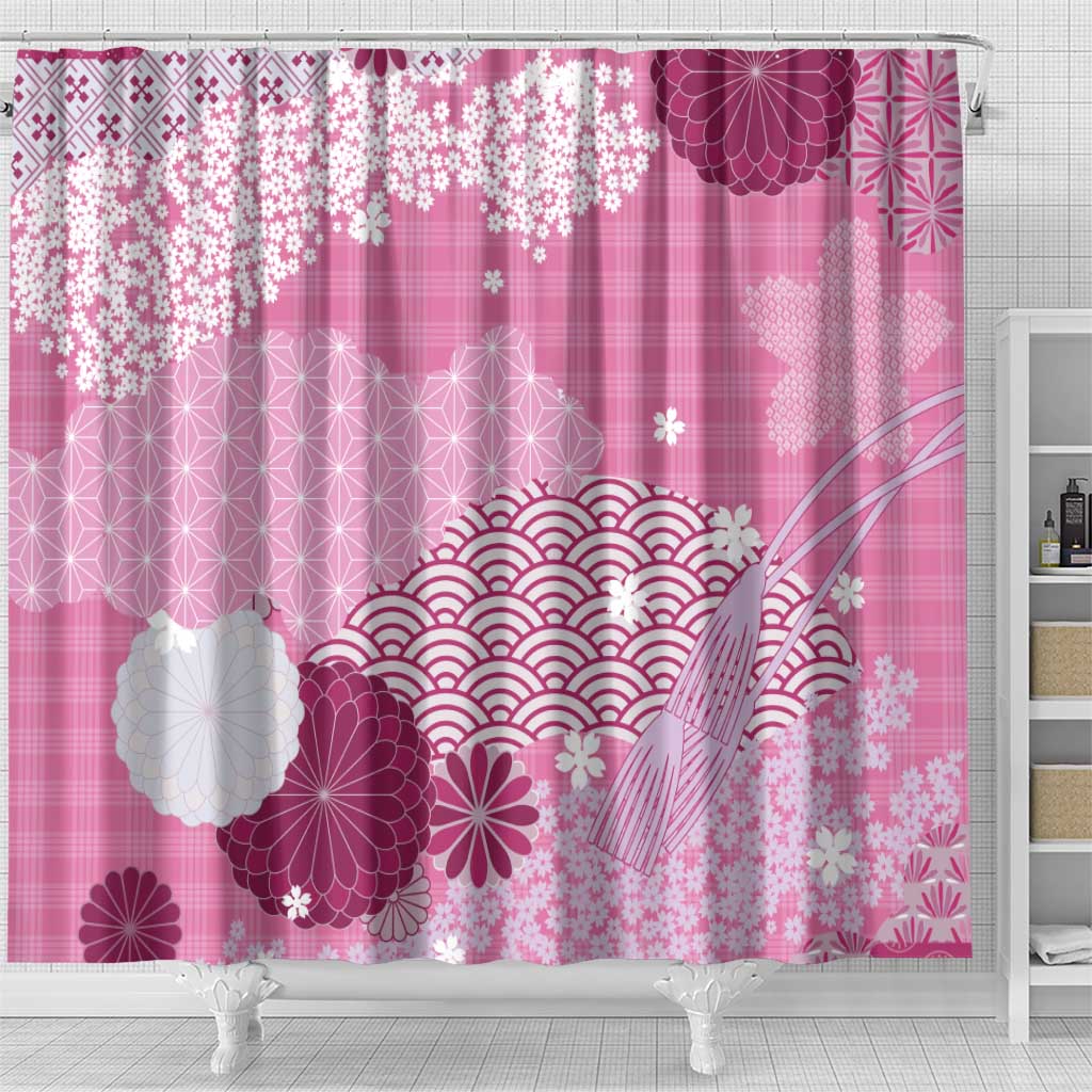 Pink Palaka Japanese Patterns Shower Curtain Asanoha Seigaiha Sakura Motif LT14 - Polynesian Pride