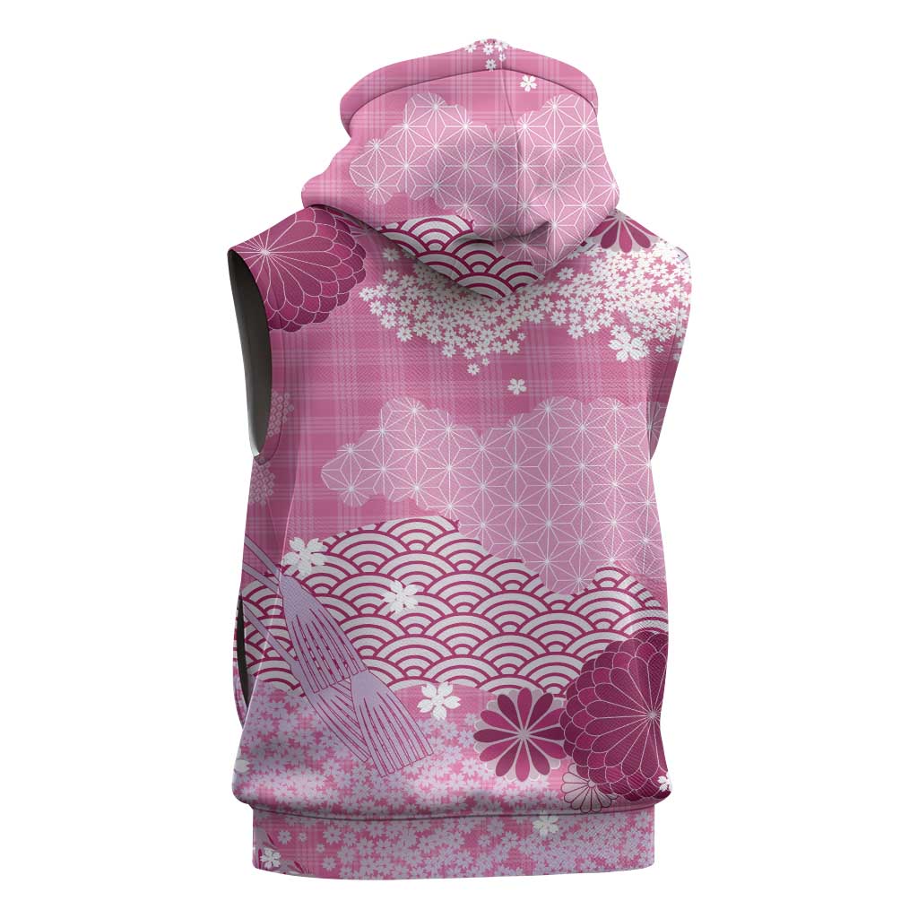 Pink Palaka Japanese Patterns Sleeveless Hoodie Asanoha Seigaiha Sakura Motif LT14 - Polynesian Pride