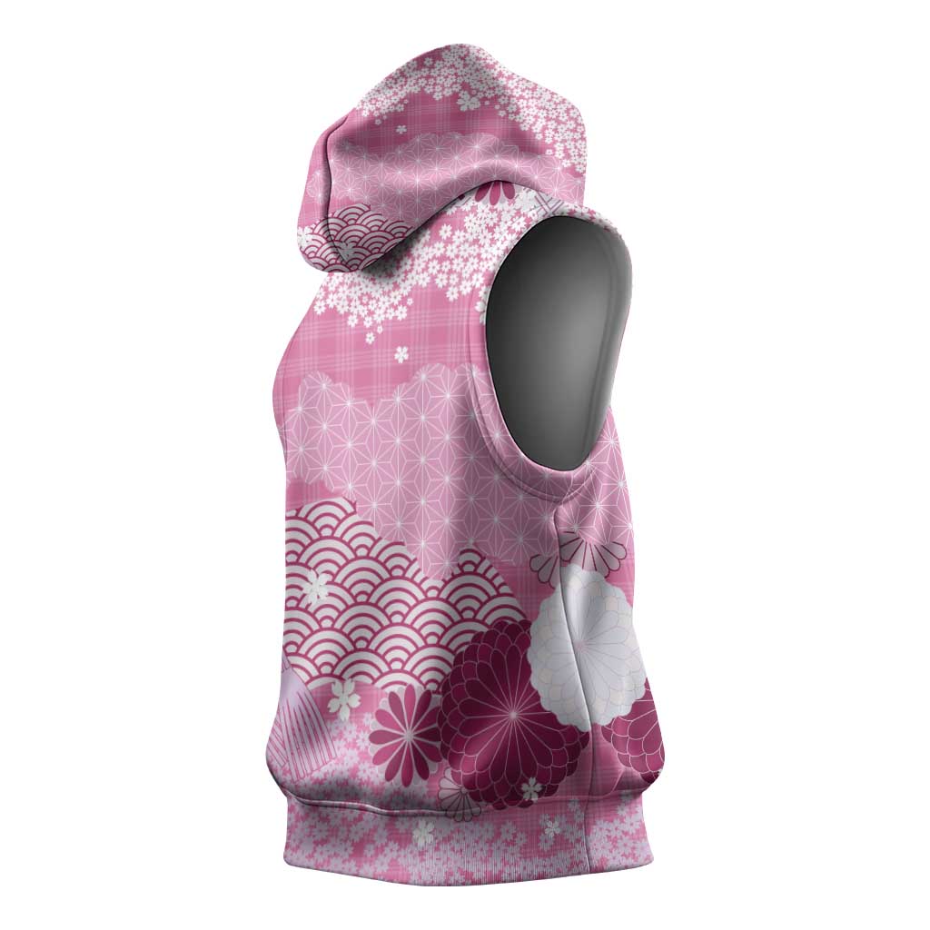 Pink Palaka Japanese Patterns Sleeveless Hoodie Asanoha Seigaiha Sakura Motif LT14 - Polynesian Pride