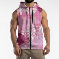 Pink Palaka Japanese Patterns Sleeveless Zip Hoodie Asanoha Seigaiha Sakura Motif - Polynesian Pride