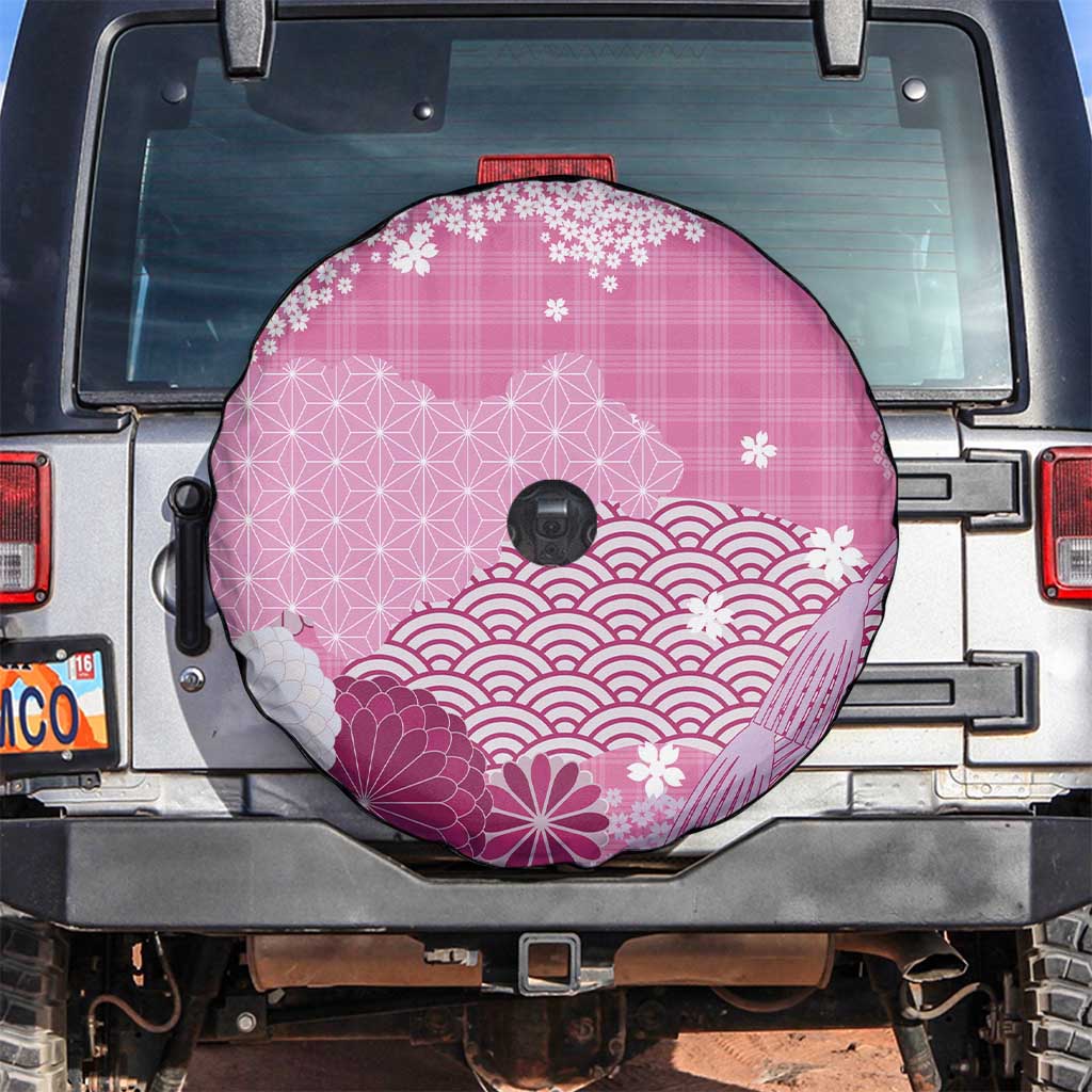 Pink Palaka Japanese Patterns Spare Tire Cover Asanoha Seigaiha Sakura Motif LT14 Pink - Polynesian Pride