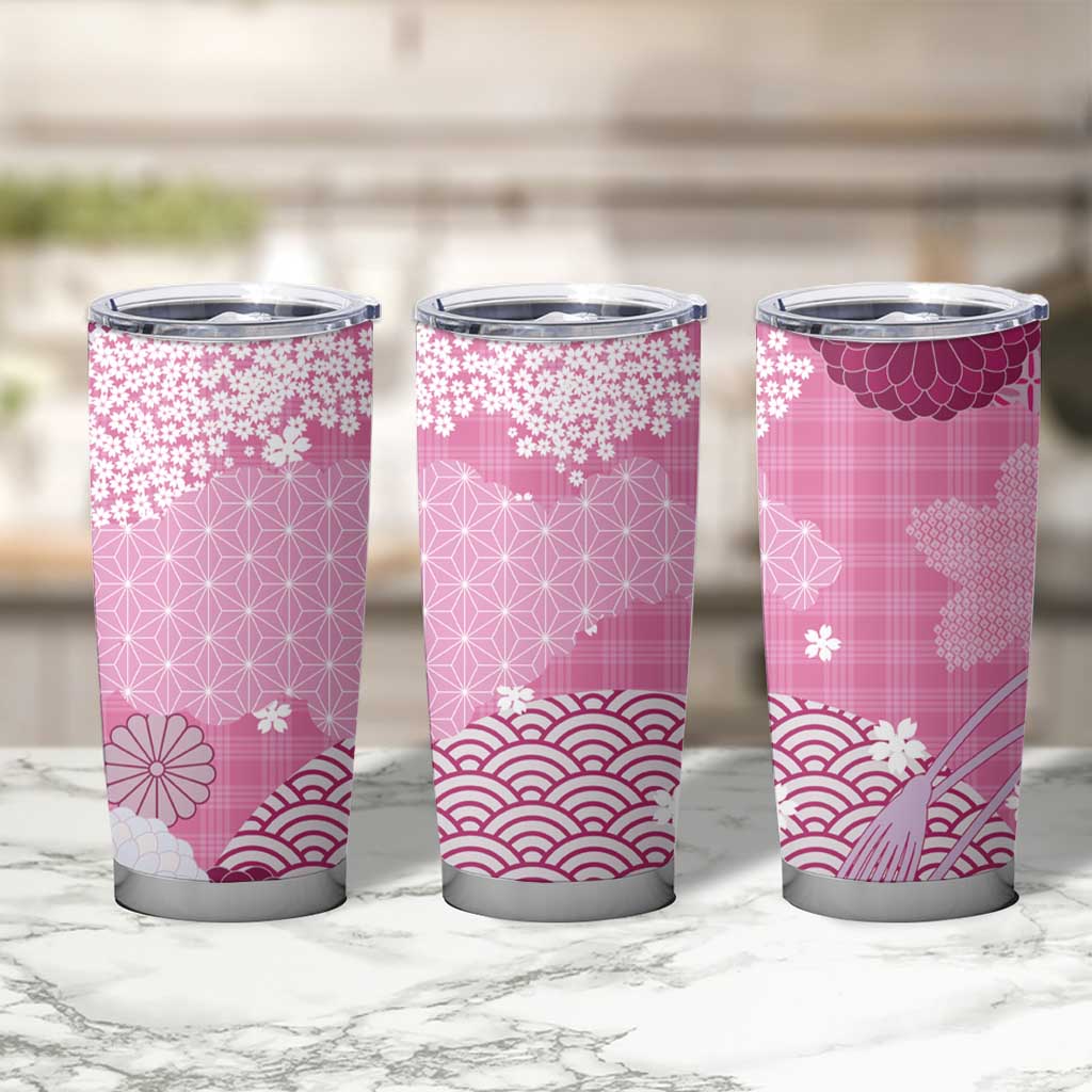 Pink Palaka Japanese Patterns Tumbler Cup Asanoha Seigaiha Sakura Motif LT14 - Polynesian Pride