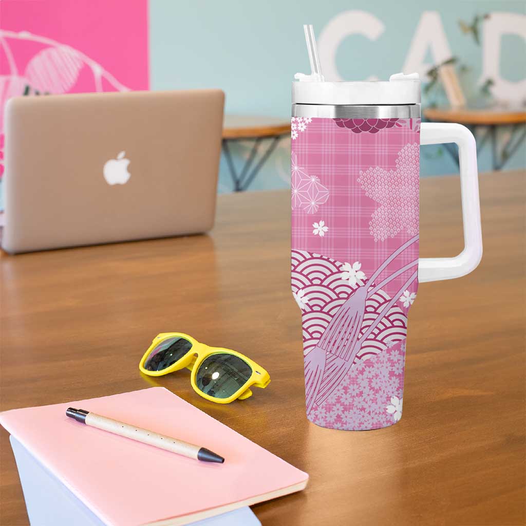 Pink Palaka Japanese Patterns Tumbler With Handle Asanoha Seigaiha Sakura Motif - Polynesian Pride