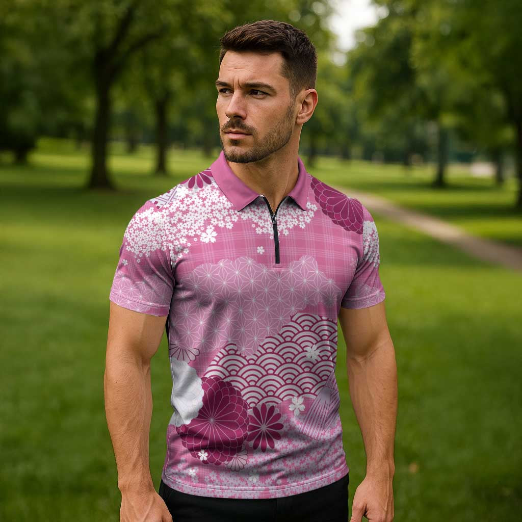 Pink Palaka Japanese Patterns Zipper Polo Shirt Asanoha Seigaiha Sakura Motif - Polynesian Pride