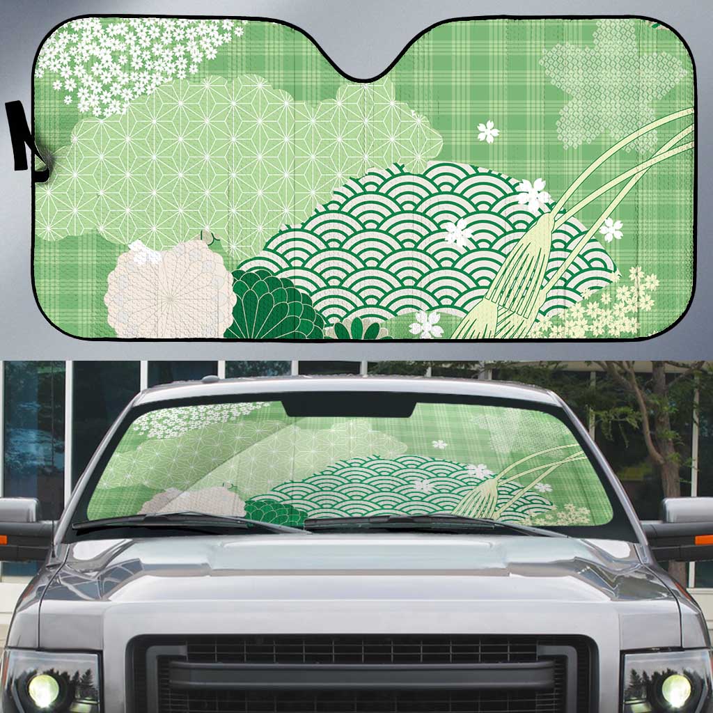 Green Palaka Japanese Patterns Auto Sun Shade Asanoha Seigaiha Sakura Motif LT14 Green - Polynesian Pride