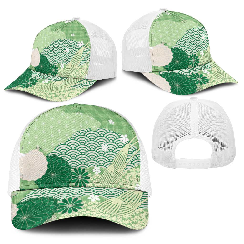 Green Japanese Traditional Motifs Baseball Net Cap Palaka With Asanoha Seigaiha Sakura - Polynesian Pride