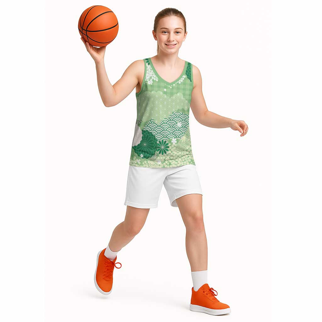 Green Palaka Japanese Patterns Basketball Jersey Asanoha Seigaiha Sakura Motif - Polynesian Pride