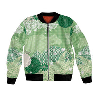 Green Palaka Japanese Patterns Bomber Jacket Asanoha Seigaiha Sakura Motif LT14 Unisex Green - Polynesian Pride