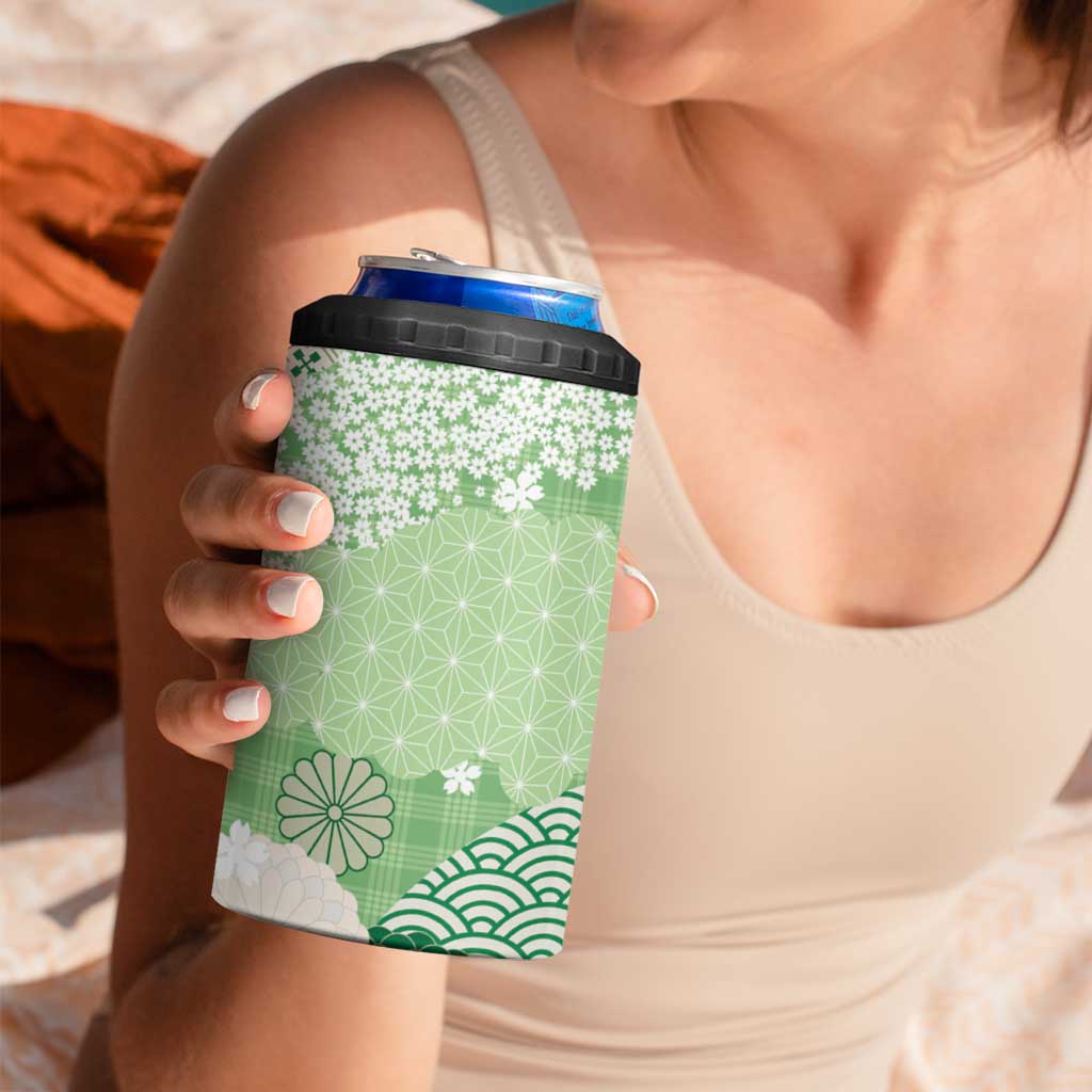 Green Palaka Japanese Patterns 4 in 1 Can Cooler Tumbler Asanoha Seigaiha Sakura Motif - Polynesian Pride