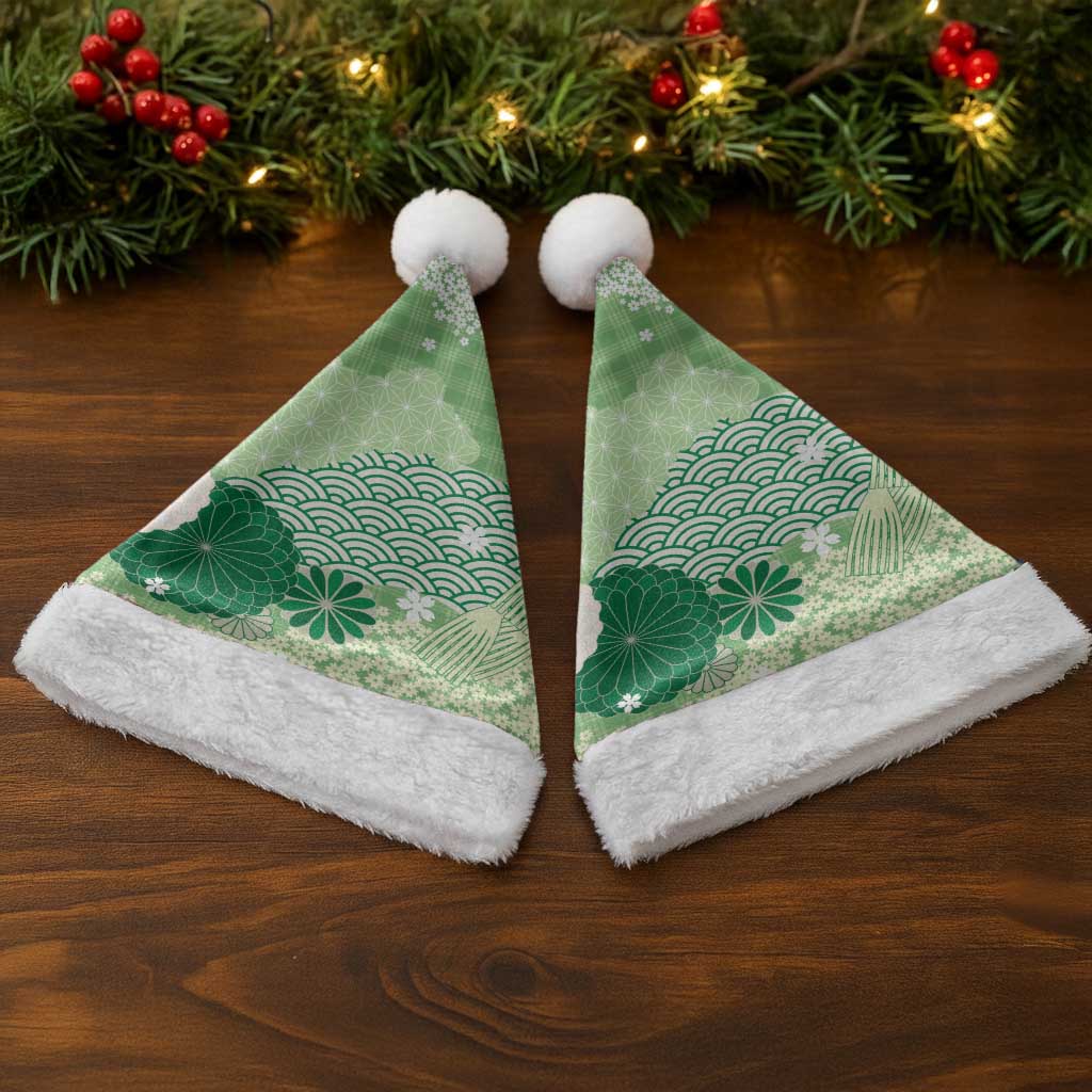Green Palaka Japanese Patterns Christmas Santa Hat Asanoha Seigaiha Sakura Motif LT14 - Polynesian Pride