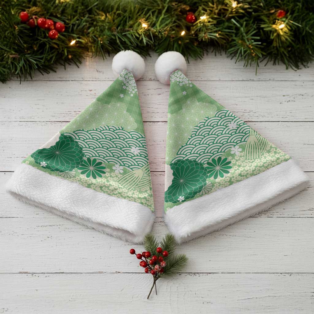Green Palaka Japanese Patterns Christmas Santa Hat Asanoha Seigaiha Sakura Motif LT14 - Polynesian Pride