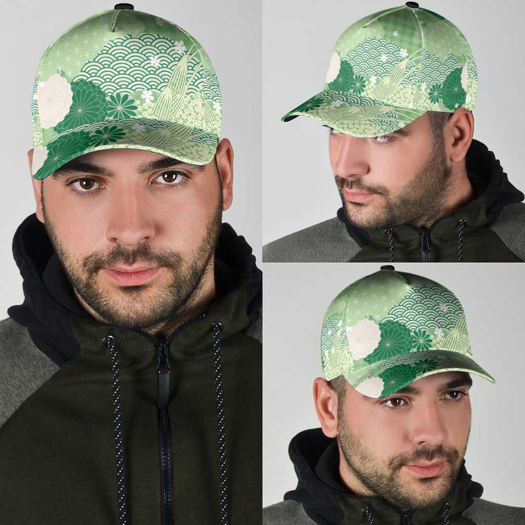 Green Japanese Traditional Motifs Classic Cap Palaka With Asanoha Seigaiha Sakura - Polynesian Pride