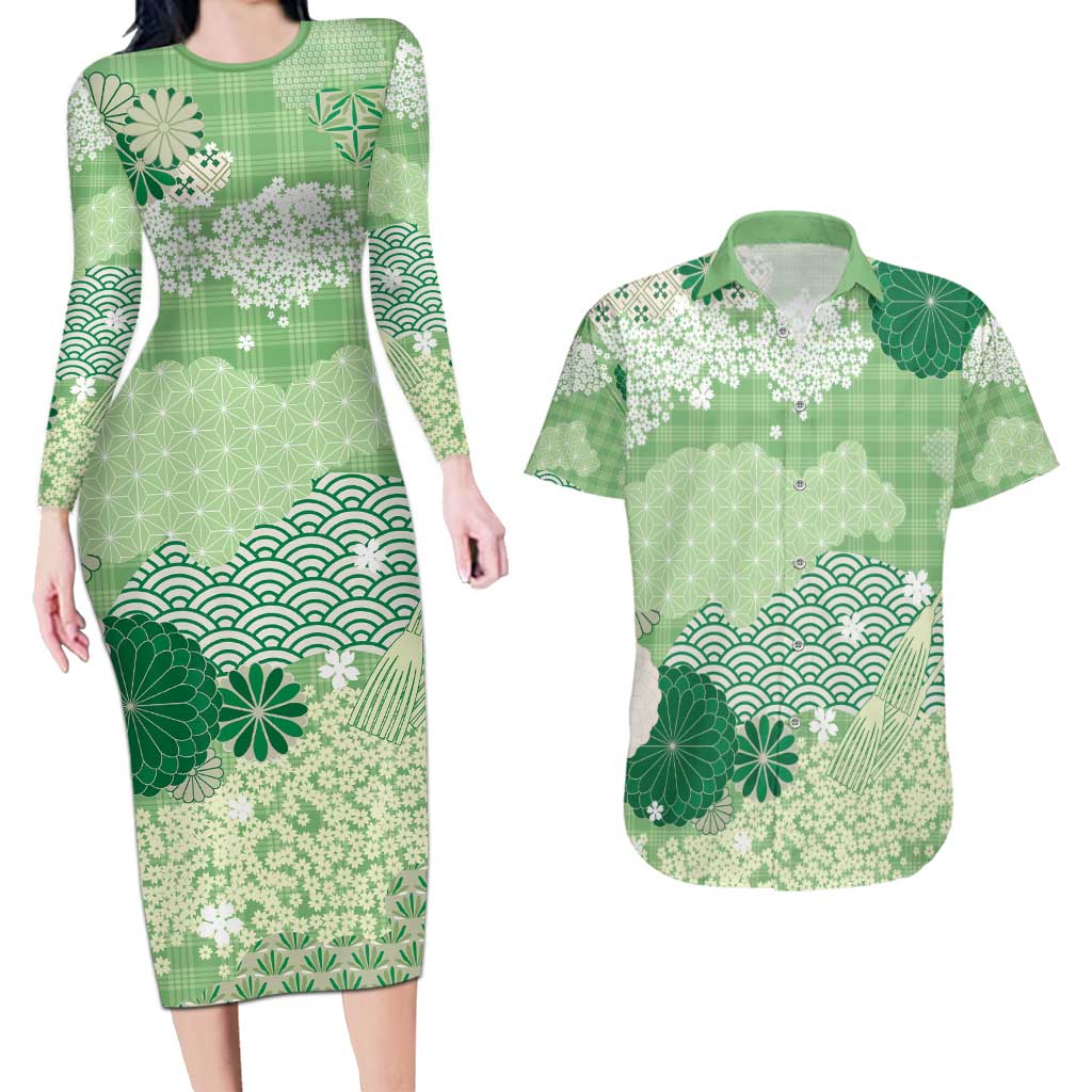 Green Palaka Japanese Patterns Couples Matching Long Sleeve Bodycon Dress and Hawaiian Shirt Asanoha Seigaiha Sakura Motif LT14 Green - Polynesian Pride