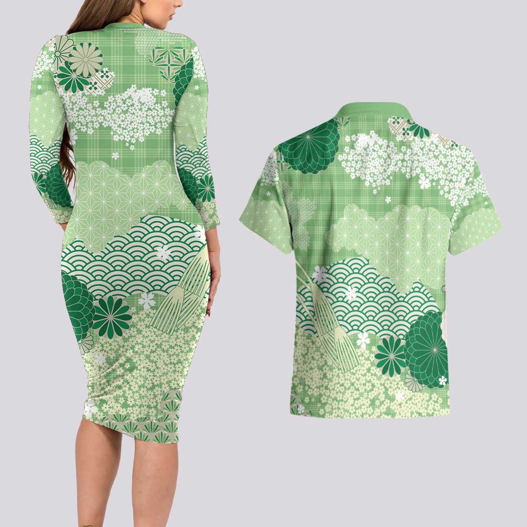 Green Palaka Japanese Patterns Couples Matching Long Sleeve Bodycon Dress and Hawaiian Shirt Asanoha Seigaiha Sakura Motif LT14 - Polynesian Pride