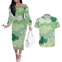 Green Palaka Japanese Patterns Couples Matching Off The Shoulder Long Sleeve Dress and Hawaiian Shirt Asanoha Seigaiha Sakura Motif LT14 Green - Polynesian Pride