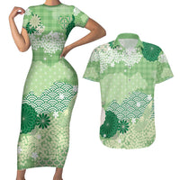 Green Palaka Japanese Patterns Couples Matching Short Sleeve Bodycon Dress and Hawaiian Shirt Asanoha Seigaiha Sakura Motif LT14 Green - Polynesian Pride