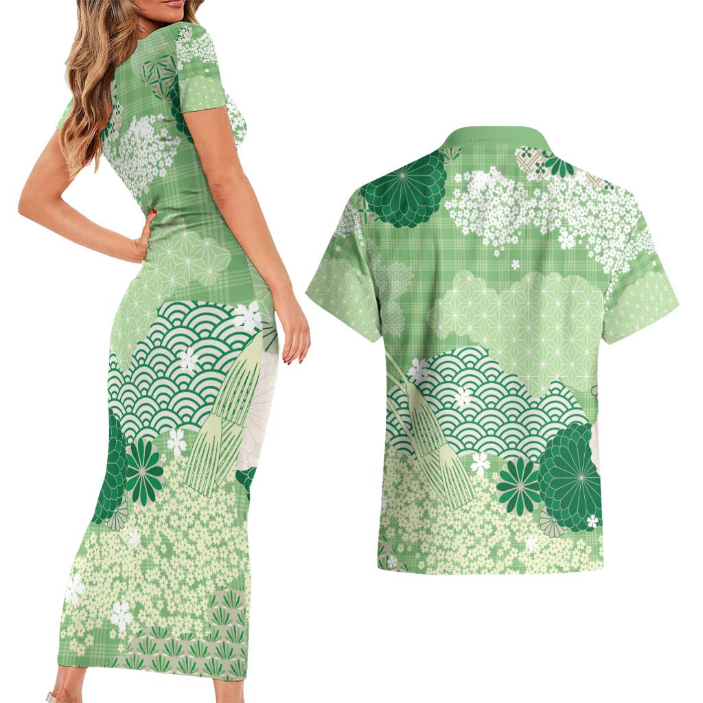Green Palaka Japanese Patterns Couples Matching Short Sleeve Bodycon Dress and Hawaiian Shirt Asanoha Seigaiha Sakura Motif LT14 - Polynesian Pride