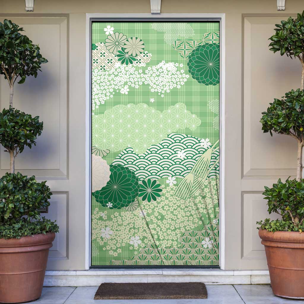 Green Palaka Japanese Patterns Door Cover Asanoha Seigaiha Sakura Motif LT14 Green - Polynesian Pride