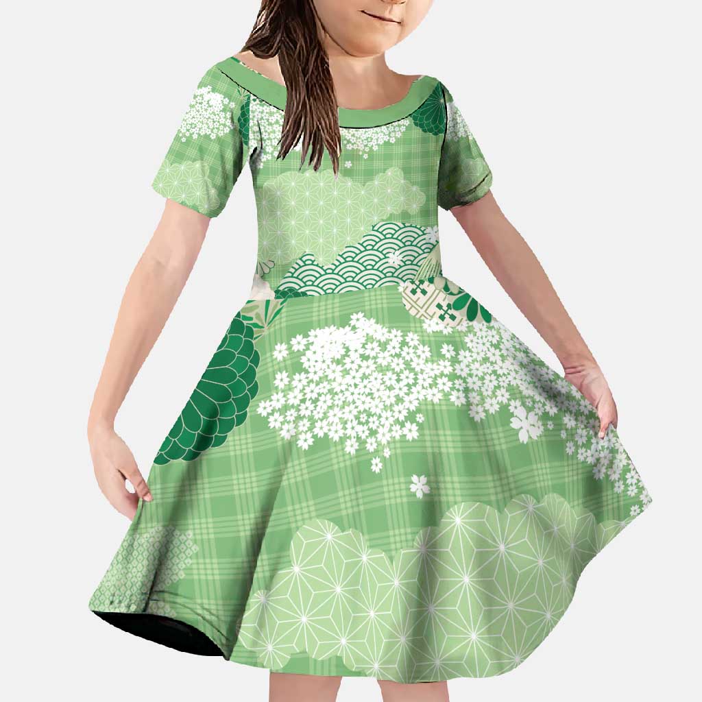 Green Palaka Japanese Patterns Family Matching Long Sleeve Bodycon Dress and Hawaiian Shirt Asanoha Seigaiha Sakura Motif LT14 Daughter's Dress Green - Polynesian Pride