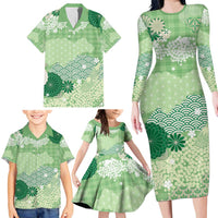 Green Palaka Japanese Patterns Family Matching Long Sleeve Bodycon Dress and Hawaiian Shirt Asanoha Seigaiha Sakura Motif LT14 - Polynesian Pride