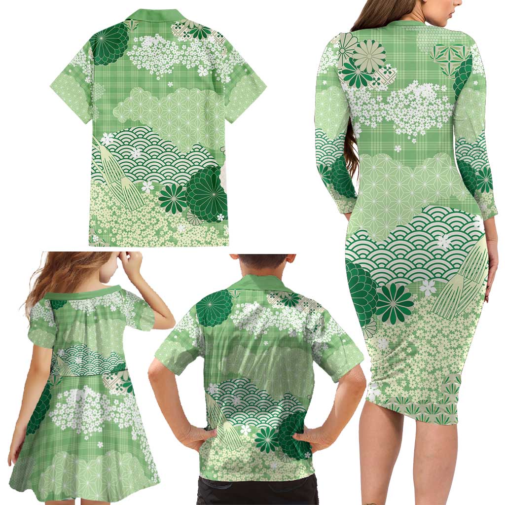 Green Palaka Japanese Patterns Family Matching Long Sleeve Bodycon Dress and Hawaiian Shirt Asanoha Seigaiha Sakura Motif LT14 - Polynesian Pride