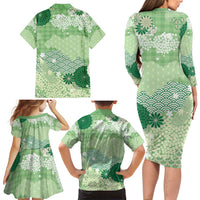 Green Palaka Japanese Patterns Family Matching Long Sleeve Bodycon Dress and Hawaiian Shirt Asanoha Seigaiha Sakura Motif LT14 - Polynesian Pride