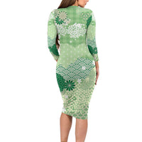 Green Palaka Japanese Patterns Family Matching Long Sleeve Bodycon Dress and Hawaiian Shirt Asanoha Seigaiha Sakura Motif LT14 - Polynesian Pride