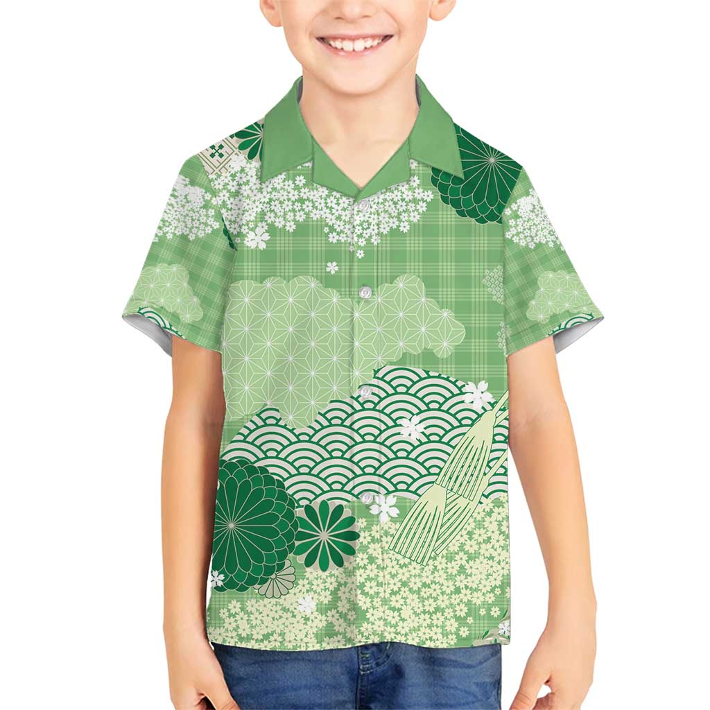 Green Palaka Japanese Patterns Family Matching Long Sleeve Bodycon Dress and Hawaiian Shirt Asanoha Seigaiha Sakura Motif LT14 Son's Shirt Green - Polynesian Pride