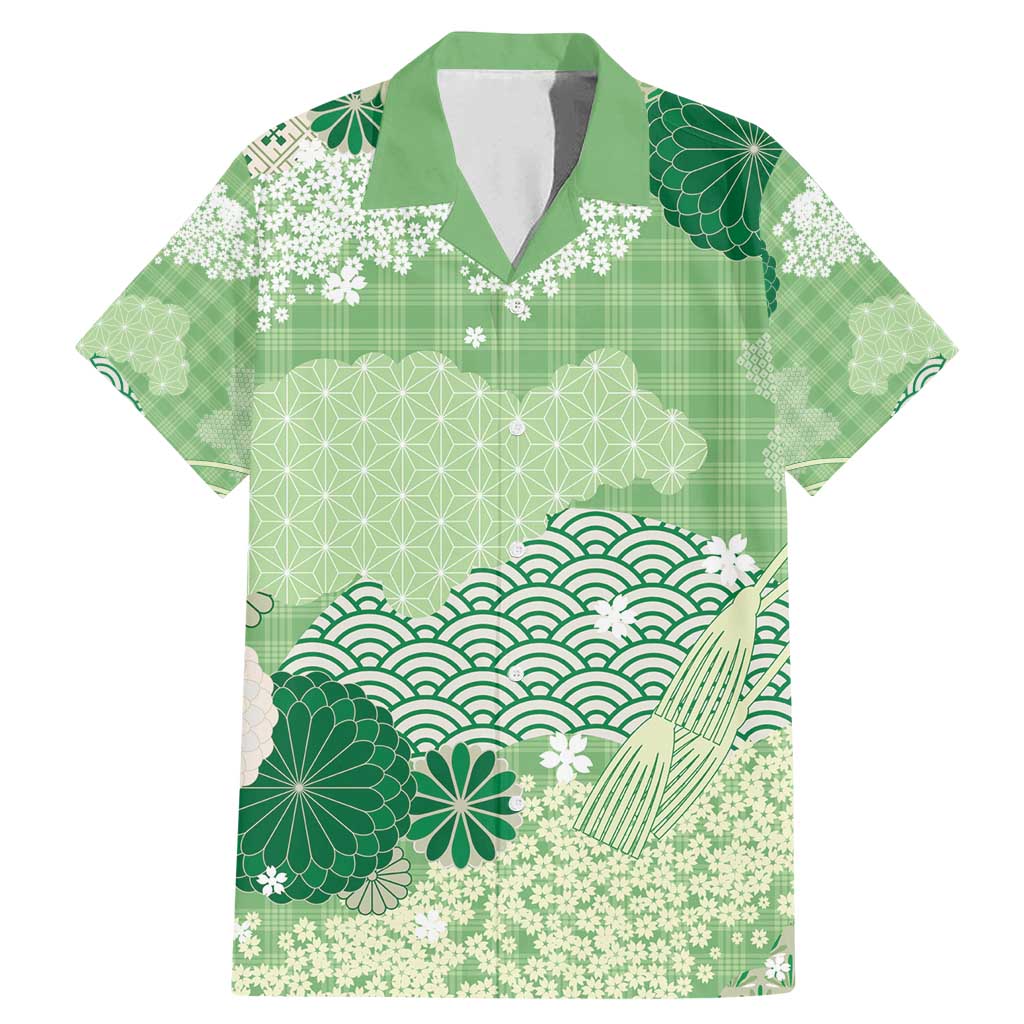 Green Palaka Japanese Patterns Family Matching Mermaid Dress and Hawaiian Shirt Asanoha Seigaiha Sakura Motif LT14 Dad's Shirt - Short Sleeve Green - Polynesian Pride