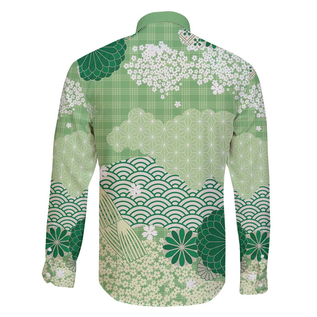 Green Palaka Japanese Patterns Family Matching Mermaid Dress and Hawaiian Shirt Asanoha Seigaiha Sakura Motif LT14 - Polynesian Pride