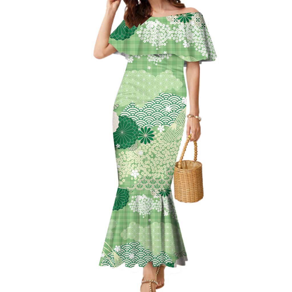 Green Palaka Japanese Patterns Family Matching Mermaid Dress and Hawaiian Shirt Asanoha Seigaiha Sakura Motif LT14 Mom's Dress Green - Polynesian Pride