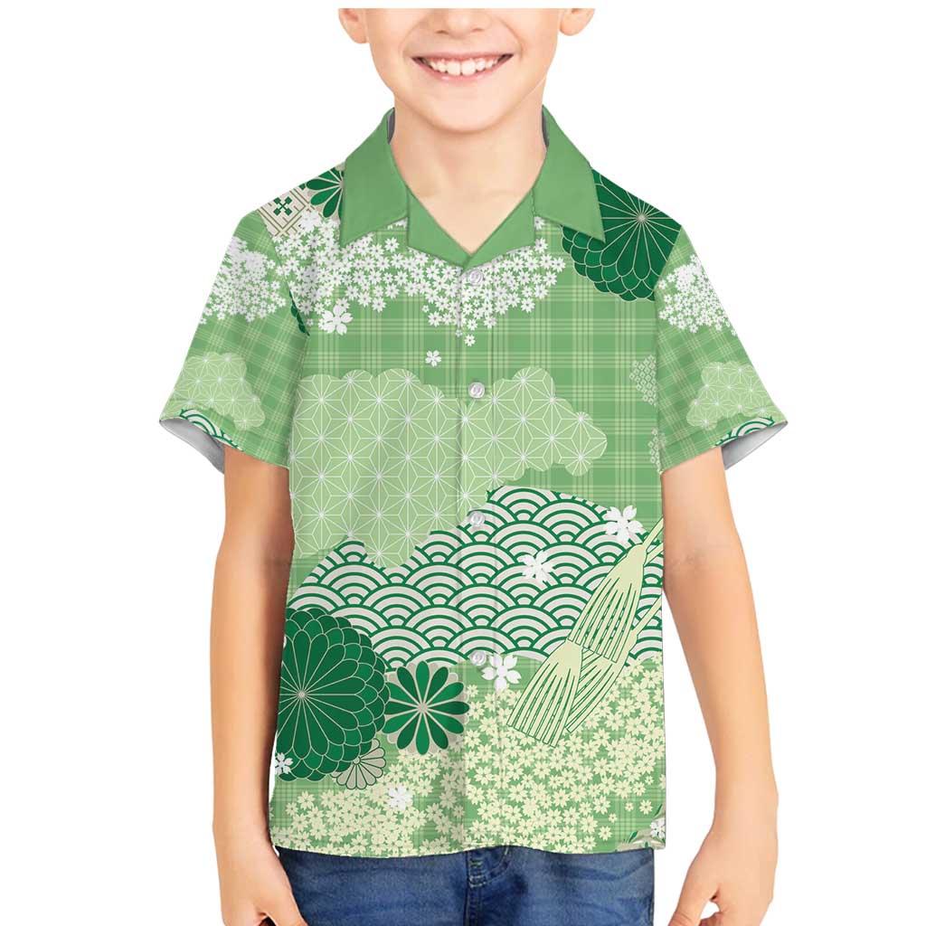 Green Palaka Japanese Patterns Family Matching Mermaid Dress and Hawaiian Shirt Asanoha Seigaiha Sakura Motif LT14 Son's Shirt Green - Polynesian Pride