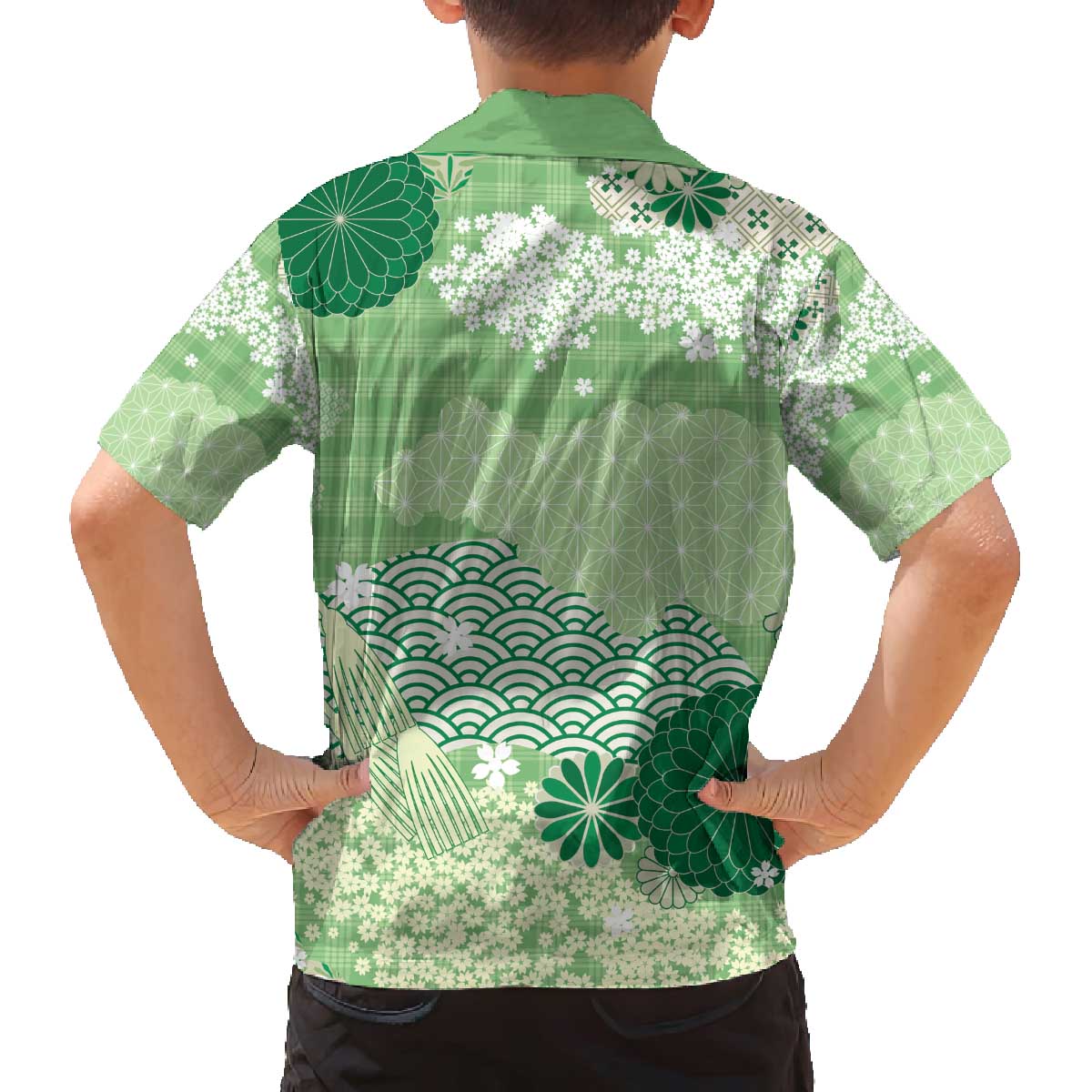 Green Palaka Japanese Patterns Family Matching Off The Shoulder Long Sleeve Dress and Hawaiian Shirt Asanoha Seigaiha Sakura Motif LT14 - Polynesian Pride