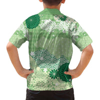 Green Palaka Japanese Patterns Family Matching Off The Shoulder Long Sleeve Dress and Hawaiian Shirt Asanoha Seigaiha Sakura Motif LT14 - Polynesian Pride