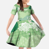 Green Palaka Japanese Patterns Family Matching Off The Shoulder Long Sleeve Dress and Hawaiian Shirt Asanoha Seigaiha Sakura Motif LT14 Daughter's Dress Green - Polynesian Pride