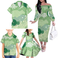 Green Palaka Japanese Patterns Family Matching Off The Shoulder Long Sleeve Dress and Hawaiian Shirt Asanoha Seigaiha Sakura Motif LT14 - Polynesian Pride