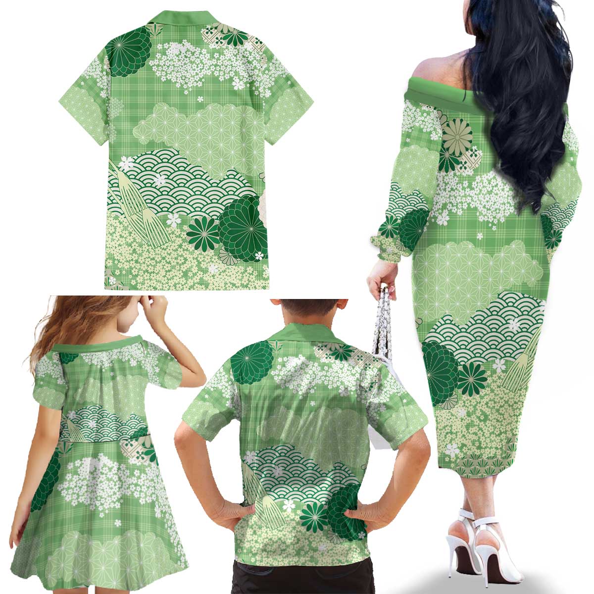 Green Palaka Japanese Patterns Family Matching Off The Shoulder Long Sleeve Dress and Hawaiian Shirt Asanoha Seigaiha Sakura Motif LT14 - Polynesian Pride