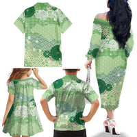 Green Palaka Japanese Patterns Family Matching Off The Shoulder Long Sleeve Dress and Hawaiian Shirt Asanoha Seigaiha Sakura Motif LT14 - Polynesian Pride