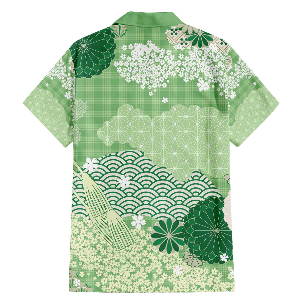 Green Palaka Japanese Patterns Family Matching Off The Shoulder Long Sleeve Dress and Hawaiian Shirt Asanoha Seigaiha Sakura Motif LT14 - Polynesian Pride