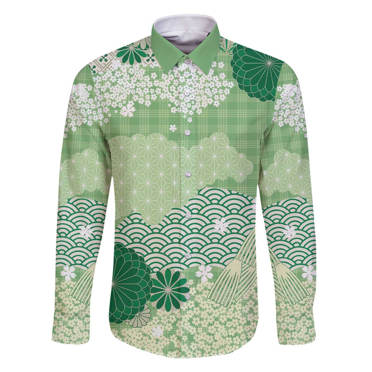 Green Palaka Japanese Patterns Family Matching Off The Shoulder Long Sleeve Dress and Hawaiian Shirt Asanoha Seigaiha Sakura Motif LT14 Dad's Shirt - Long Sleeve Green - Polynesian Pride