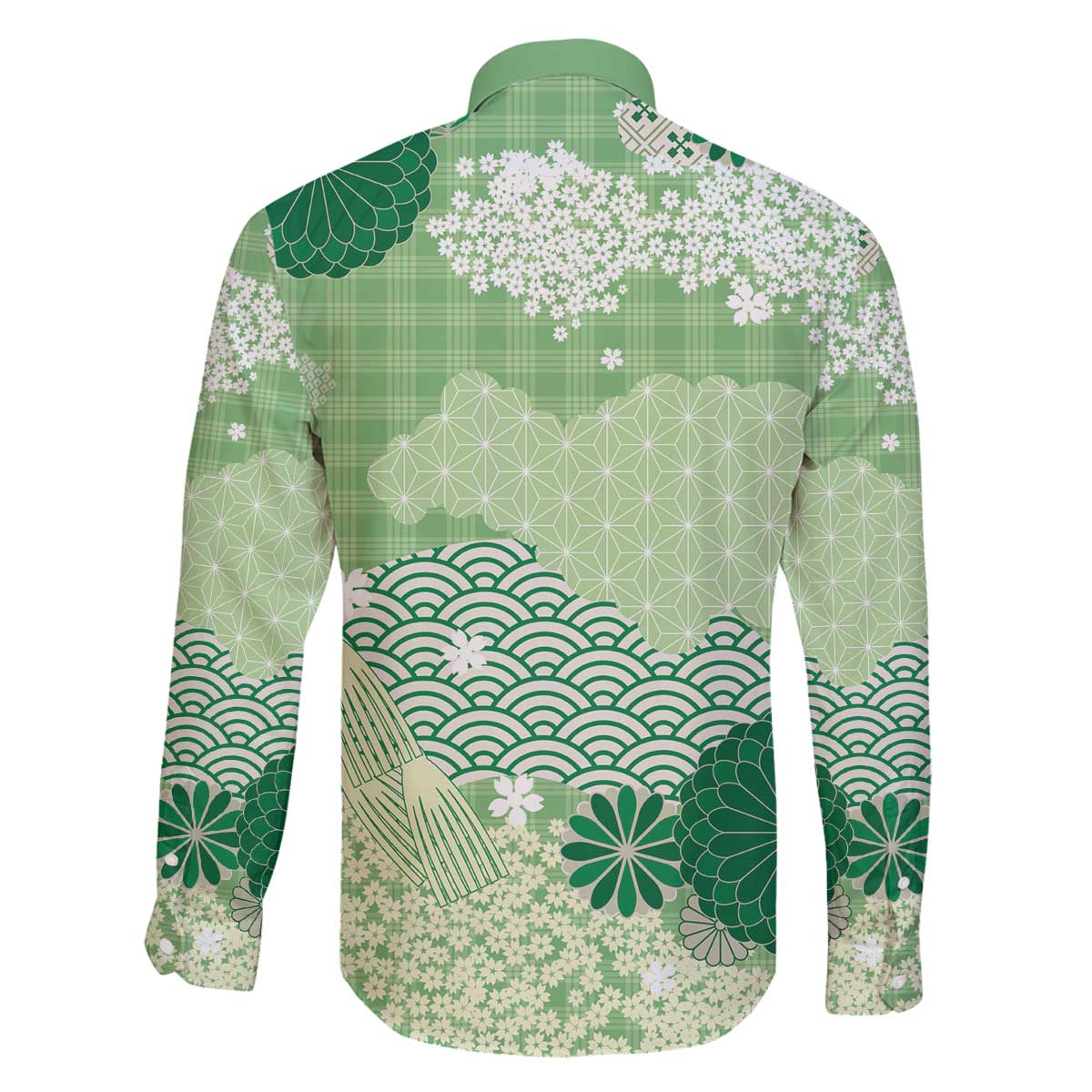 Green Palaka Japanese Patterns Family Matching Off The Shoulder Long Sleeve Dress and Hawaiian Shirt Asanoha Seigaiha Sakura Motif LT14 - Polynesian Pride
