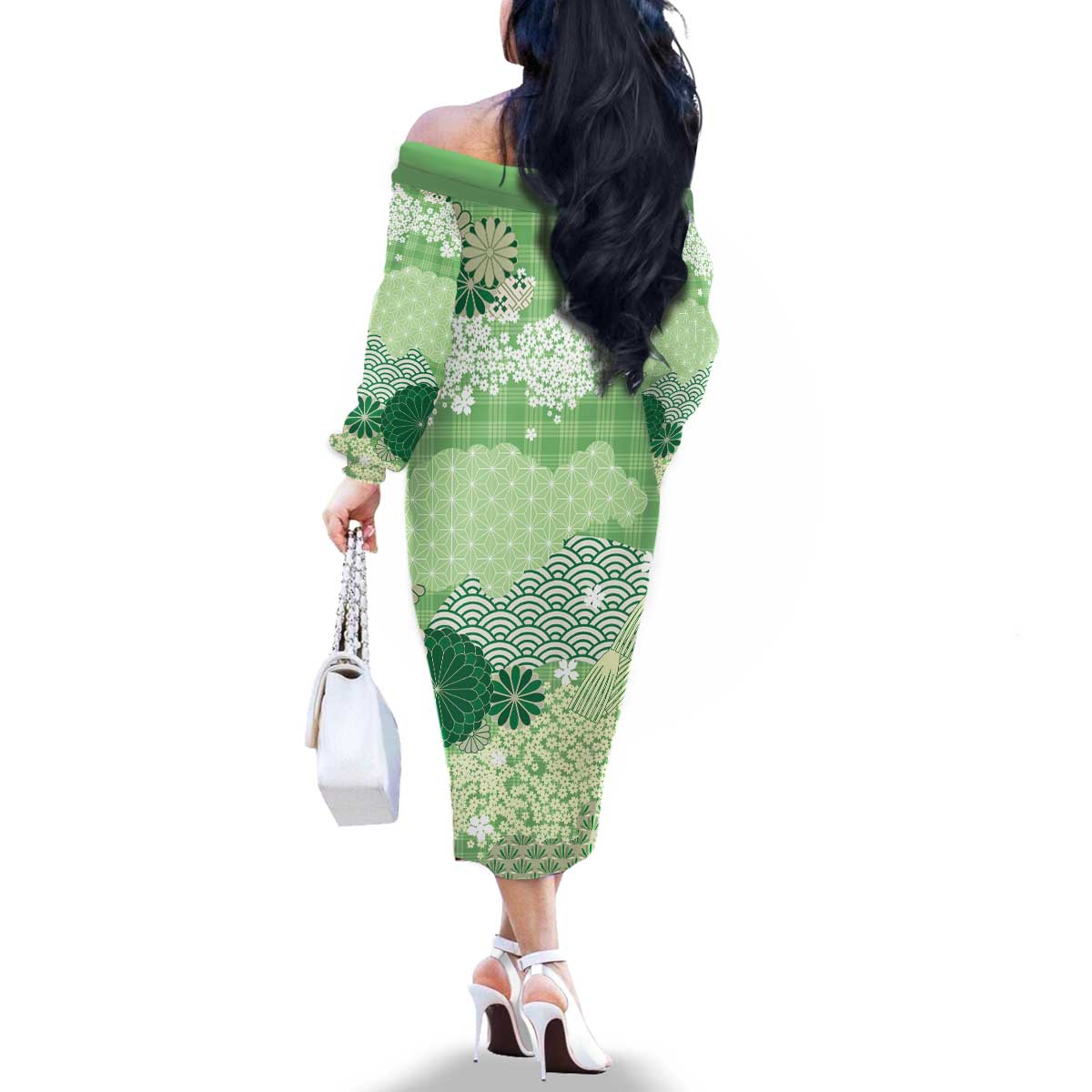 Green Palaka Japanese Patterns Family Matching Off The Shoulder Long Sleeve Dress and Hawaiian Shirt Asanoha Seigaiha Sakura Motif LT14 - Polynesian Pride