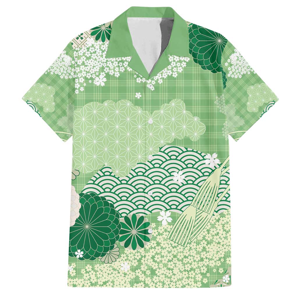 Green Palaka Japanese Patterns Family Matching Off Shoulder Maxi Dress and Hawaiian Shirt Asanoha Seigaiha Sakura Motif LT14 Dad's Shirt - Short Sleeve Green - Polynesian Pride