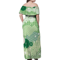 Green Palaka Japanese Patterns Family Matching Off Shoulder Maxi Dress and Hawaiian Shirt Asanoha Seigaiha Sakura Motif LT14 - Polynesian Pride